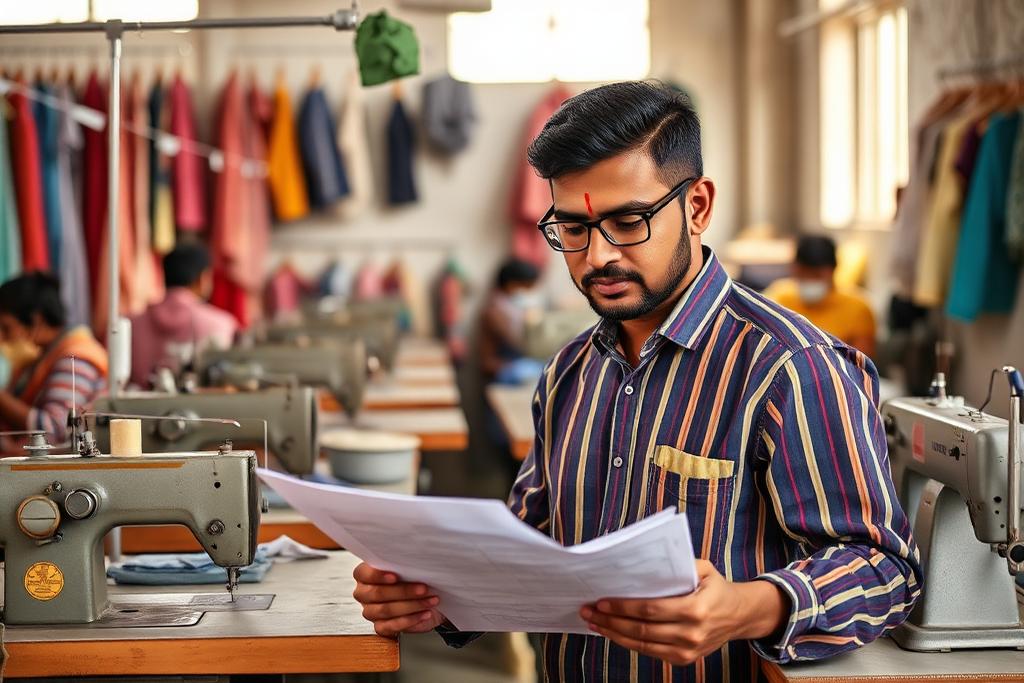 MSME उद्यमी अपने वर्कशॉप में ऋण दस्तावेज देखते हुए